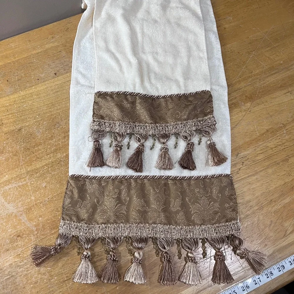 Vtg Victorian Ornate Damask Hand Towel and Tea Towel Bronze Gold Tassel Beaded